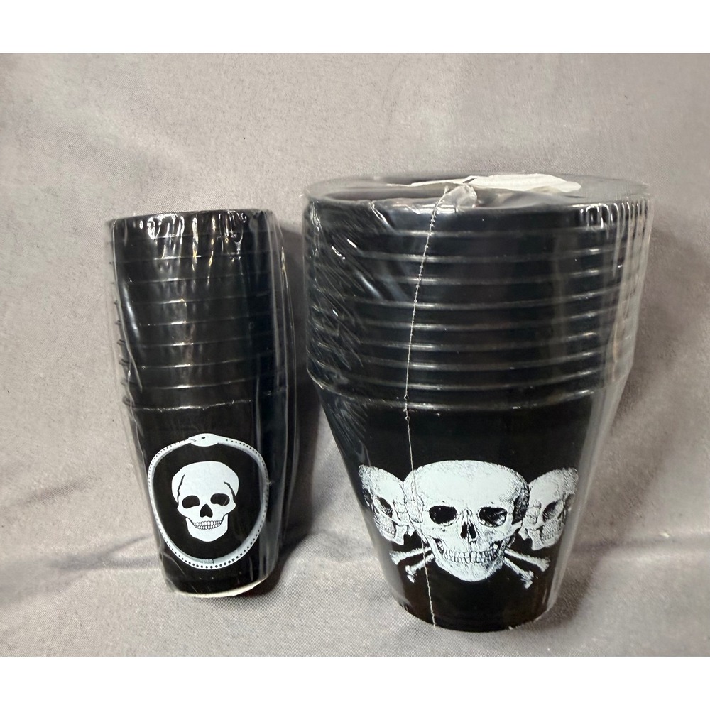 Martha Stewart Halloween Skull Plastic Cups Black White Party Supplies Set NEW